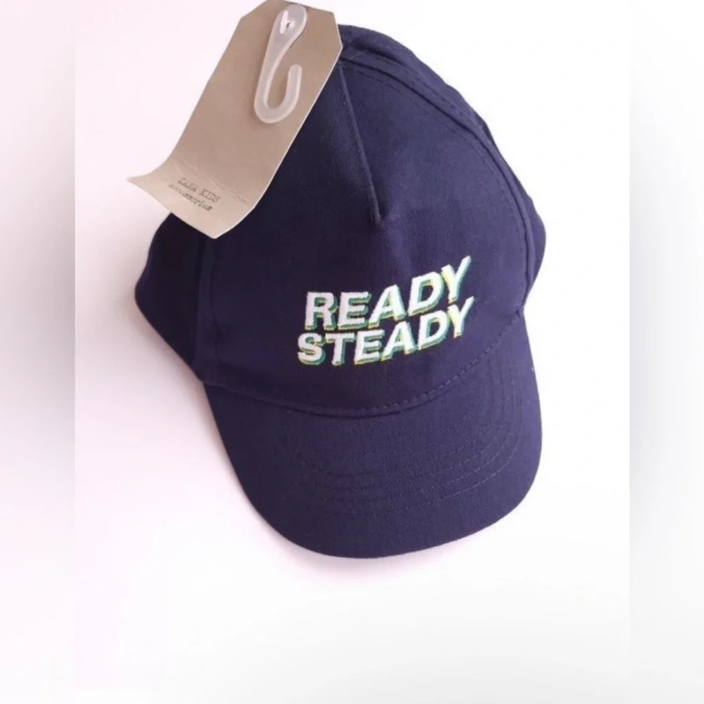 NWT‎ ZARA Kids Boys Navy Blue 'Ready Steady' Cap Hat Medium M (A8)